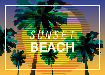 Sunset beach at seashore, sea landscape with palms, minimalistic illustration. Seascape sunrise or sunset. Vector background, isolated