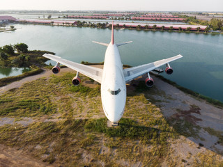 Aerial view of old plane abandoned as monument and learning from amphoe don tum thailand