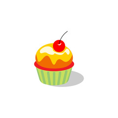 Vector cupcake illustration. Cake with cream and cherry.
