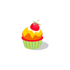 Vector cupcake illustration. Cake with cream and strawberry.