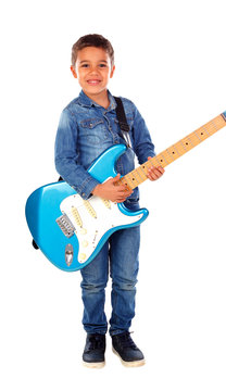 Happy child playing electric blue guitar