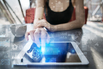 Internet, Business and technology concept. Icons, diagrams and graphs background on virtual screen.
