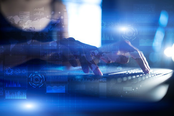Internet, Business and technology concept. Icons, diagrams and graphs background on virtual screen.