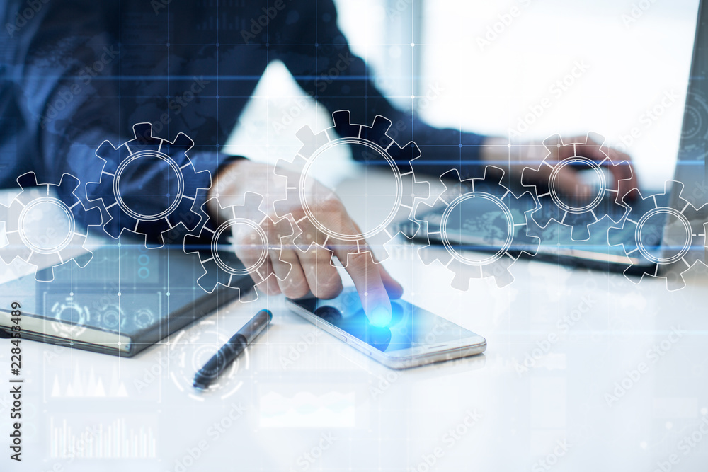 Poster gears on virtual screen. business strategy and technology concept. automation process.