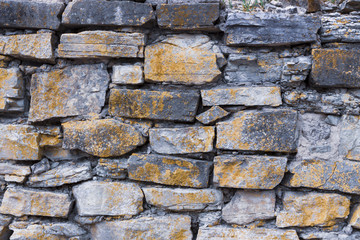 Stone wall in yellow lichen. Texture or background