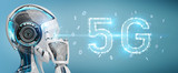 White cyborg woman using 5G network digital hologram 3D rendering
