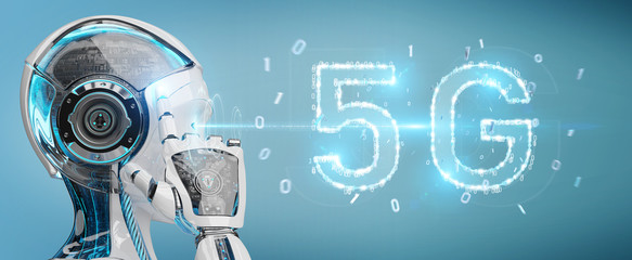 White cyborg woman using 5G network digital hologram 3D rendering
