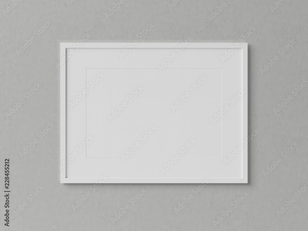 Poster White rectangular horizontal frame hanging on a white wall mockup 3D rendering