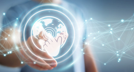 Businessman using digital screens interface with holograms datas 3D rendering