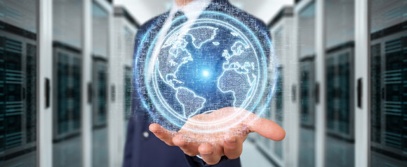 Businessman using globe network hologram with America Usa map 3D rendering