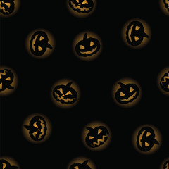 Black halloween pumpkin with orange backlit pattern background. Halloween pumpkin face for celebration happy holiday seamless pattern.