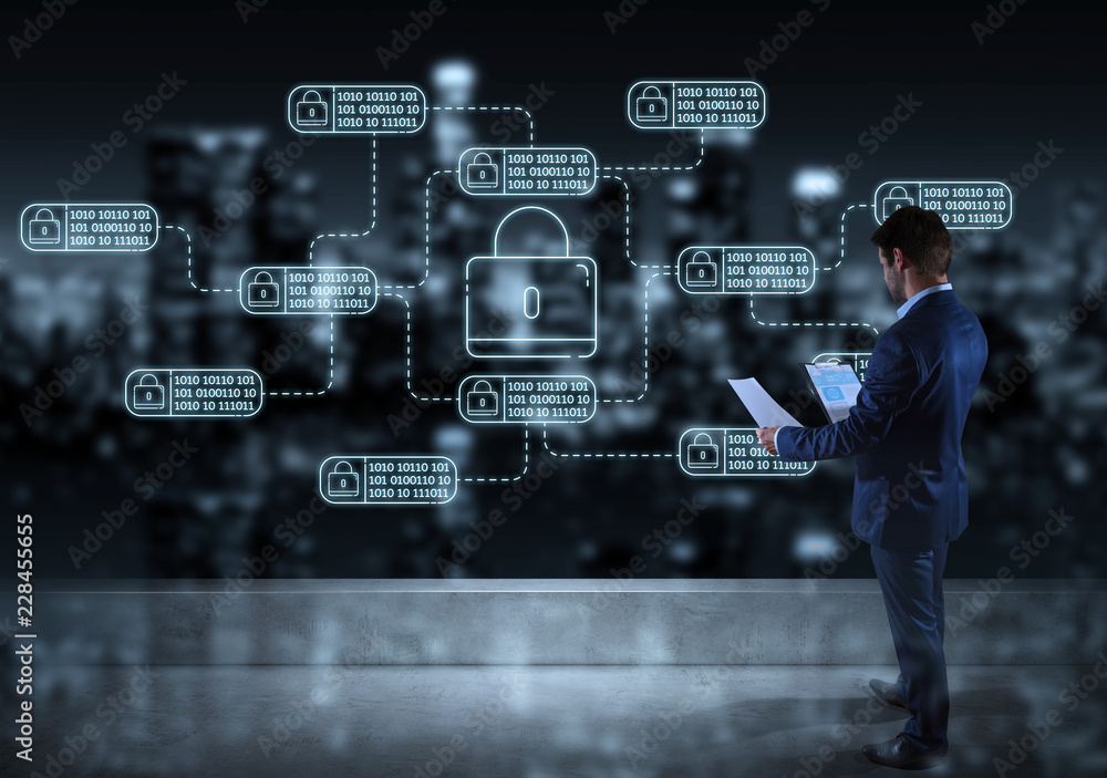 Aufkleber businessman watching thin line web security interface