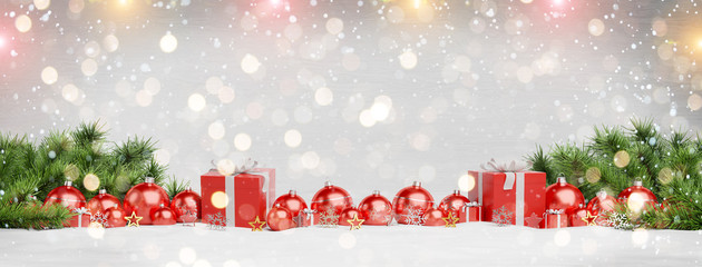 Red christmas baubles and gifts lined up 3D rendering