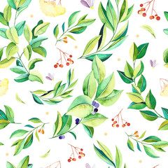 Watercolor flowers seamless pattern. Handpainted  watercolor pattern with flowers and branches, leaves. Perfect for you postcard design, wallpaper, print, invitations, packaging etc. - 228456223