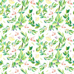 Watercolor flowers seamless pattern. Handpainted watercolor pattern with flowers and branches, leaves. Perfect for you postcard design, wallpaper, print, invitations, packaging etc. - 228456238