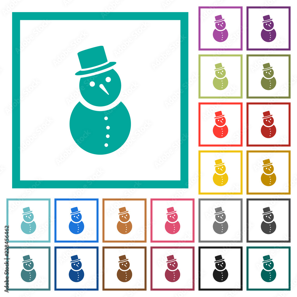 Poster snowman flat color icons with quadrant frames