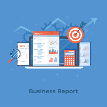 Financial report, business results, inspection, research, planning, analysis, audit, calculation. Laptop, documents, graphics, charts, notebook, calculator, report, target. Vector illustration