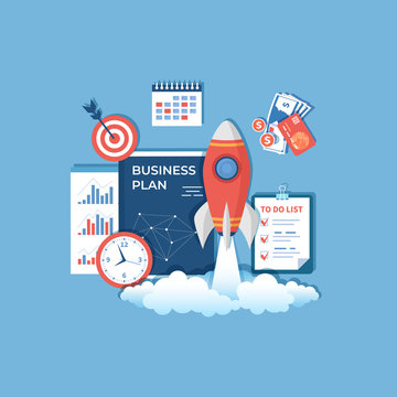 Business project startup, financial planning, idea, strategy, management, realization and success. Rocket launch,  business plan, documents, clock, target, money, to do list, calendar. Vector  