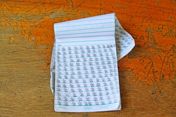 words writing on exercise books of primary school students