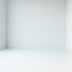 Empty white room with reflective floor, 3d illustration,