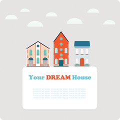 Small town background, postcard,banner design template. House buildings, home vector illustration