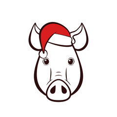 Pigs head in a hat. 2019 New Year. Vector illustration.