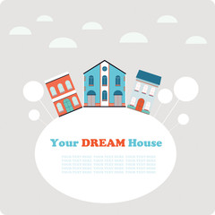 Small town background, postcard,banner design template. House buildings, home vector illustration