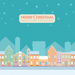 Christmas, New Year greeting card with street view with lovely houses in small town.Winter season, snowing,theme..Banner,postcard,sticker,poster design template.Vector illustration