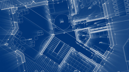Architecture design: blueprint plan - illustration of a plan modern residential building / technology, industry, business concept illustration: real estate, building, construction, architecture
