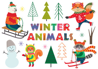 set of isolated winter fun with animals part 1 - vector illustration, eps