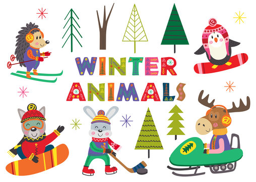 set of isolated winter fun with animals part 2 - vector illustration, eps