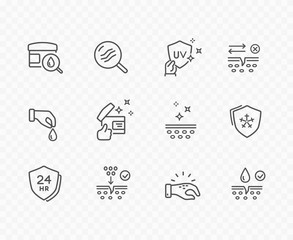 Skin line icon set isolated on background. Care, collagen, cream search sale signs. Vitamin E, olive oil, serum drop elements. Vector outline stroke symbols for medical cosmetic design.