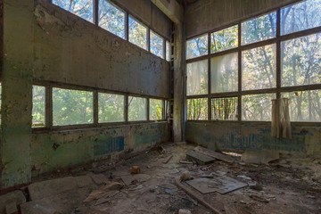 The interior of the old abandoned industrial building with green trees outside windows