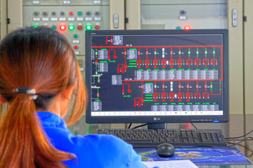 Female technician in view display state in the control room, in a iron and steel co., China - obrazy, fototapety, plakaty