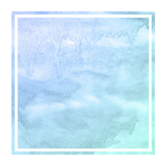 Cold blue hand drawn watercolor rectangular frame background texture with stains