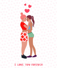 Vector illustration  lesbian couple. Cartoon character woman lesbian. Love card lesbian, wife and wife. Homosexual couple