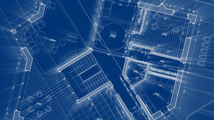 Architecture design: blueprint plan - illustration of a plan modern residential building / technology, industry, business concept illustration: real estate, building, construction, architecture