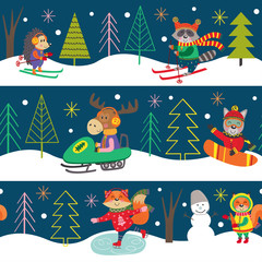 seamles pattern winter fun with animals - vector illustration, eps