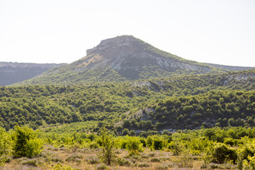 Fototapeta na wymiar Low mountains surrounded by green bushes