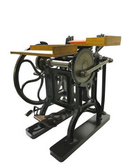 Vintage old letterpress printing manual machine isolated on white background