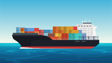 Vector Cargo ship with containers in the ocean. Delivery, transportation, shipping freight transportation.