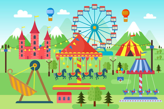 Amusement park with carousels, roller coaster and air balloons. Comic circus, fun fair. Cartoon carnival theme landscape vector illustration.