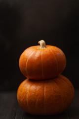Two orange pumpkins on a dark brown wooden background. Autumn composition. Halloween. Harvest. Postcard