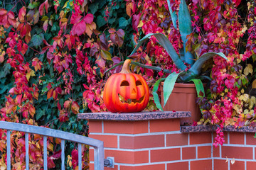 ein  geschnitzter Kürbis als Dekoration zu Halloween