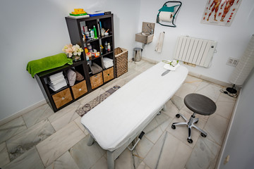 A physiotherapy cabinet at a Clinic, side standing view, ready to attend patients