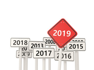 2019 New year symbol on a red road sign