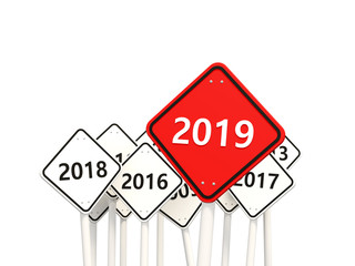 2019 New year symbol on a red road sign