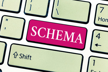 Writing note showing Schema. Business photo showcasing representation of plan or theory in form of...