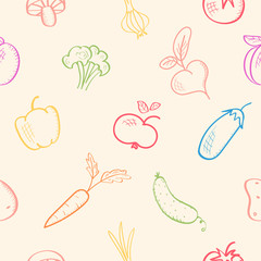 Seamless pattern with fruits and vegetables. Harvest theme. Vector background, sketch illustration with food. Autumn, fall season. Wallpaper.