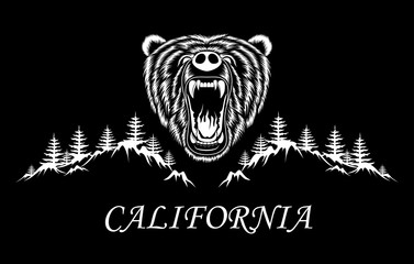 Vector image of a bear with the inscription California on a black background.